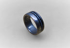 Damascus Wedding Band: Blue Opal & Ebony Wood Inlay, Handmade