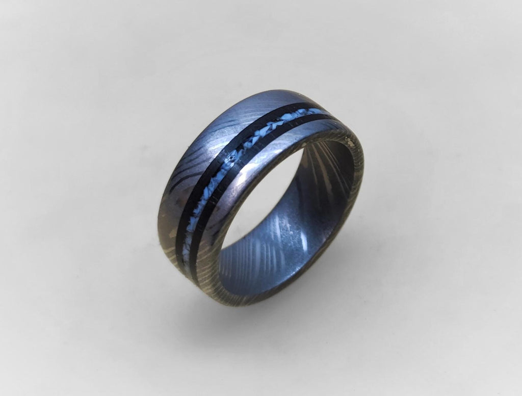 Damascus Wedding Band: Blue Opal & Ebony Wood Inlay, Handmade