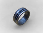 Damascus Wedding Band: Blue Opal & Ebony Wood Inlay, Handmade