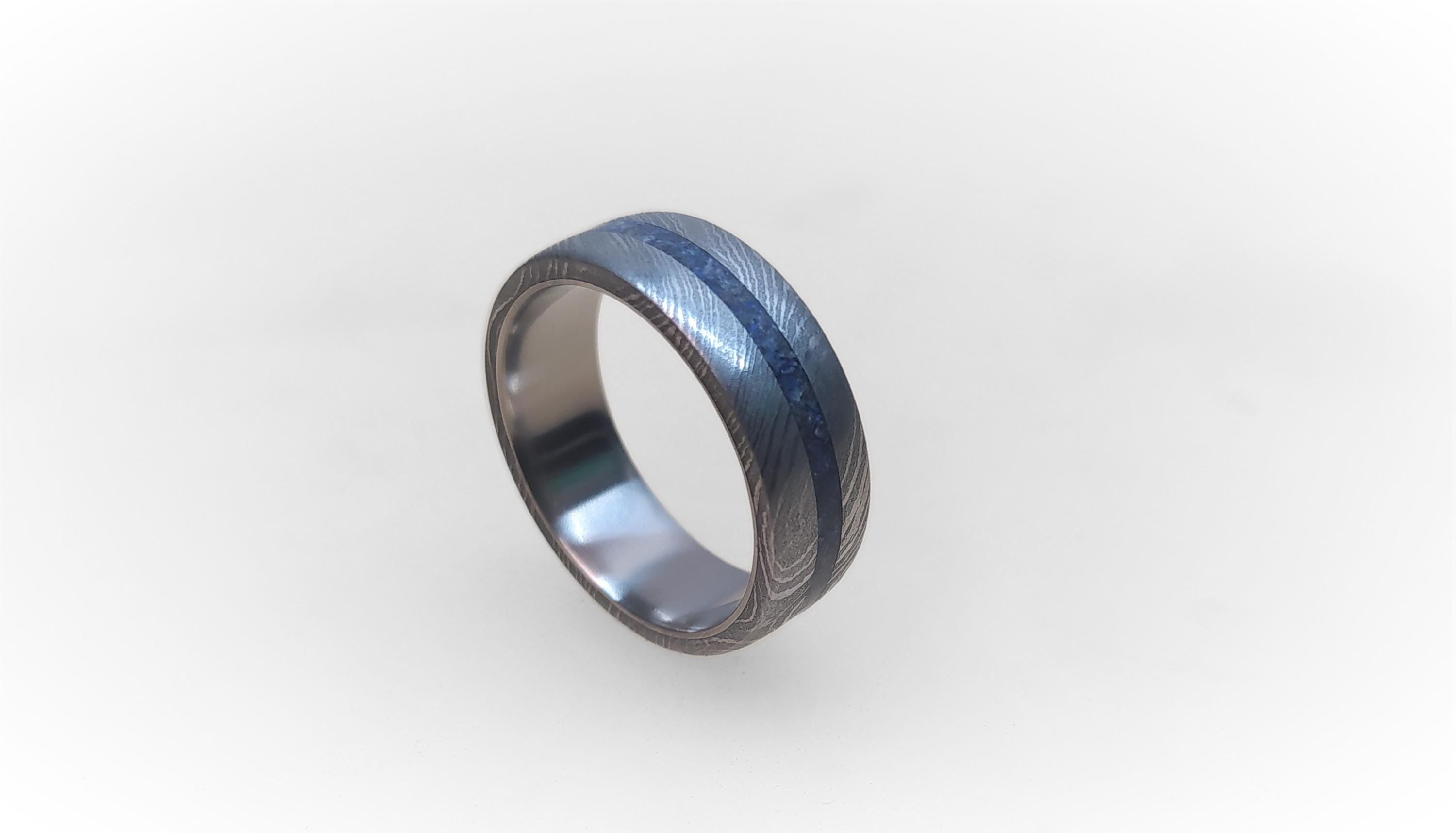 Damascus Wedding Band: Titanium Ring with Lapis Lazuli Inlay