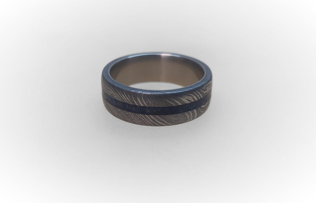 Damascus Wedding Band: Titanium Ring with Lapis Lazuli Inlay