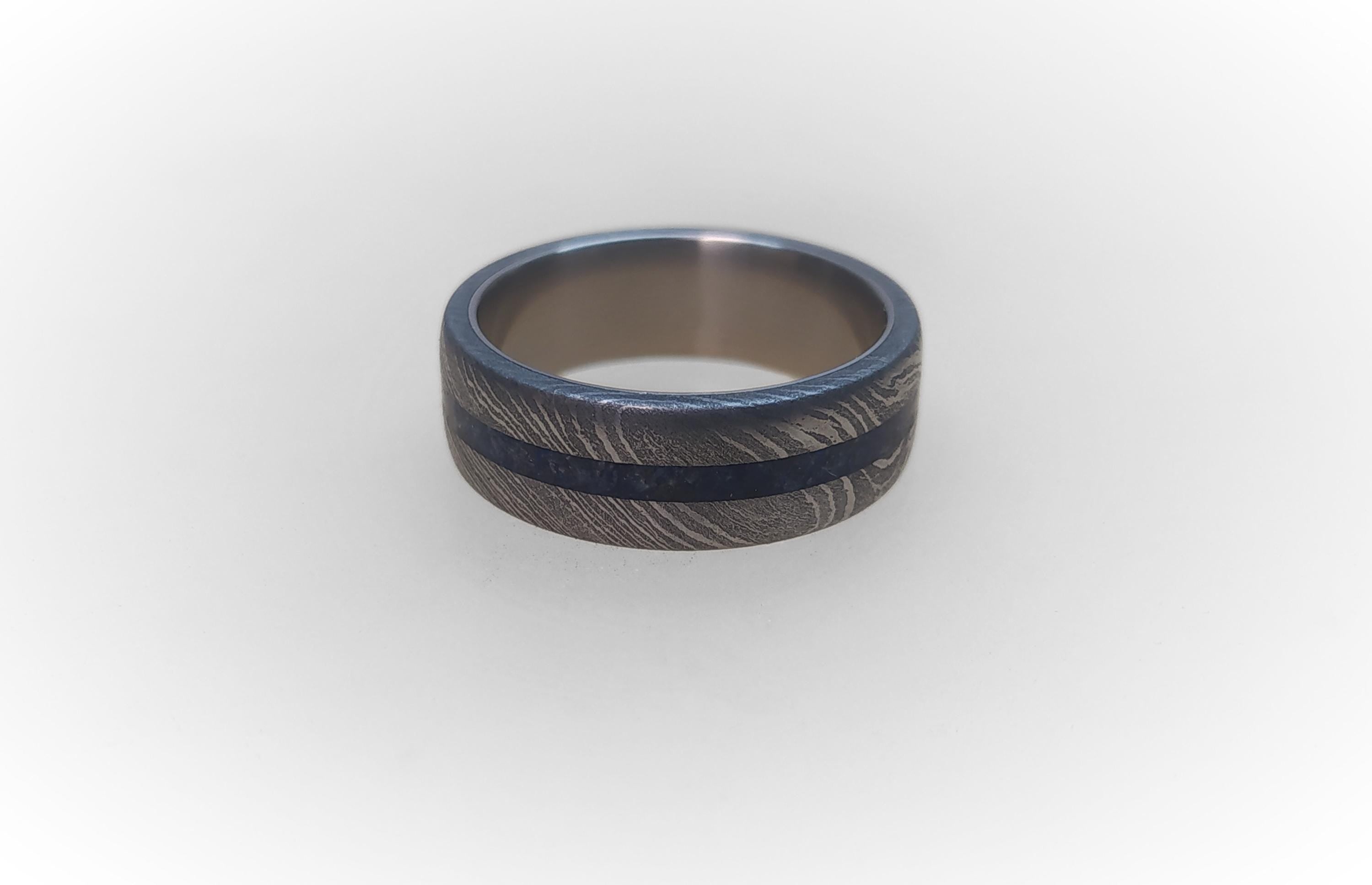 Damascus Wedding Band: Titanium Ring with Lapis Lazuli Inlay