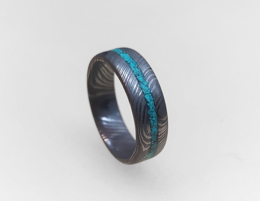Damascus Steel Wedding Band: Turquoise Inlay Ring, Handmade