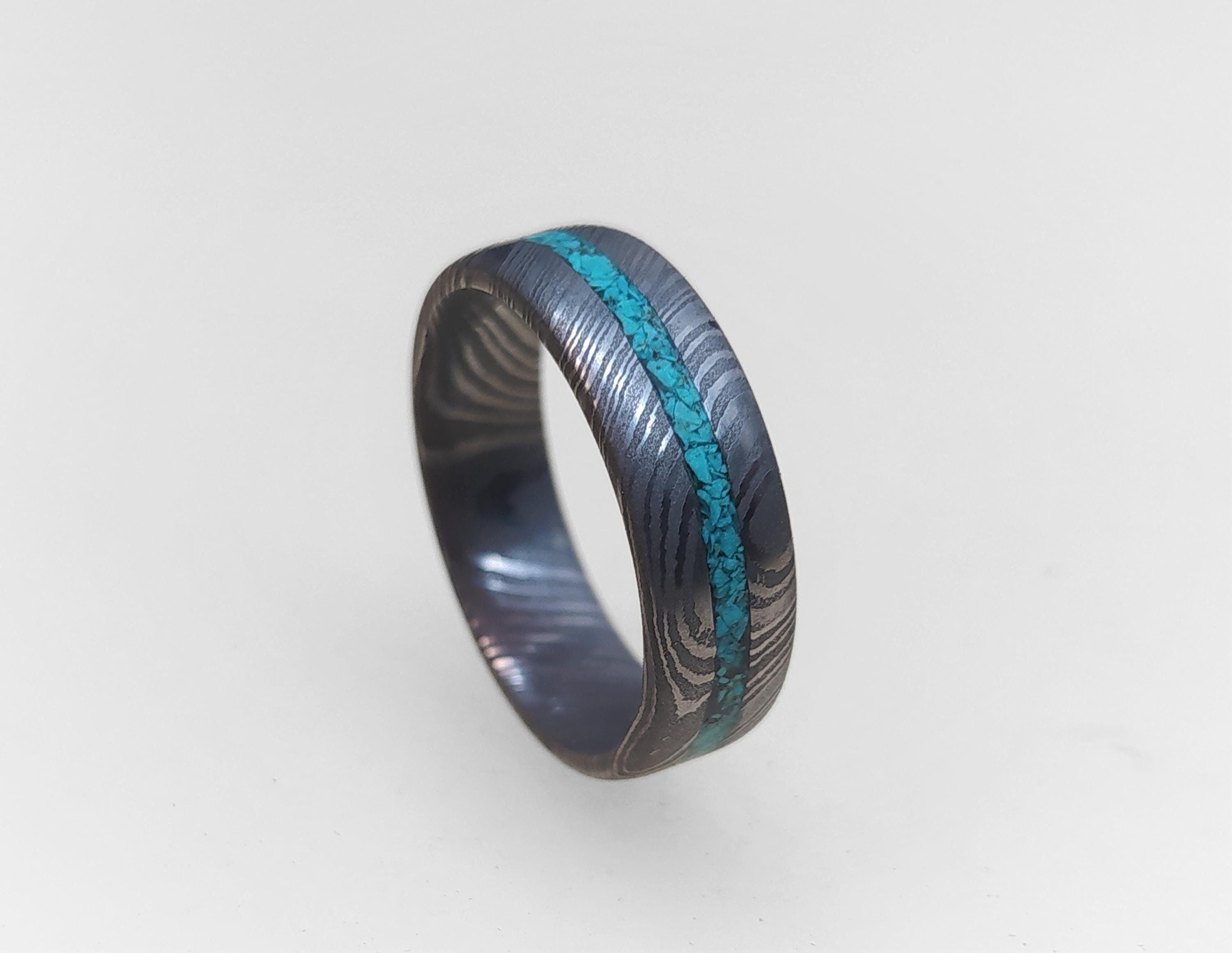 Damascus Steel Wedding Band: Turquoise Inlay Ring, Handmade