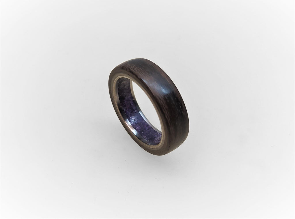 Titanium Wedding Band: Ziricote Wood & Amethyst Inlay