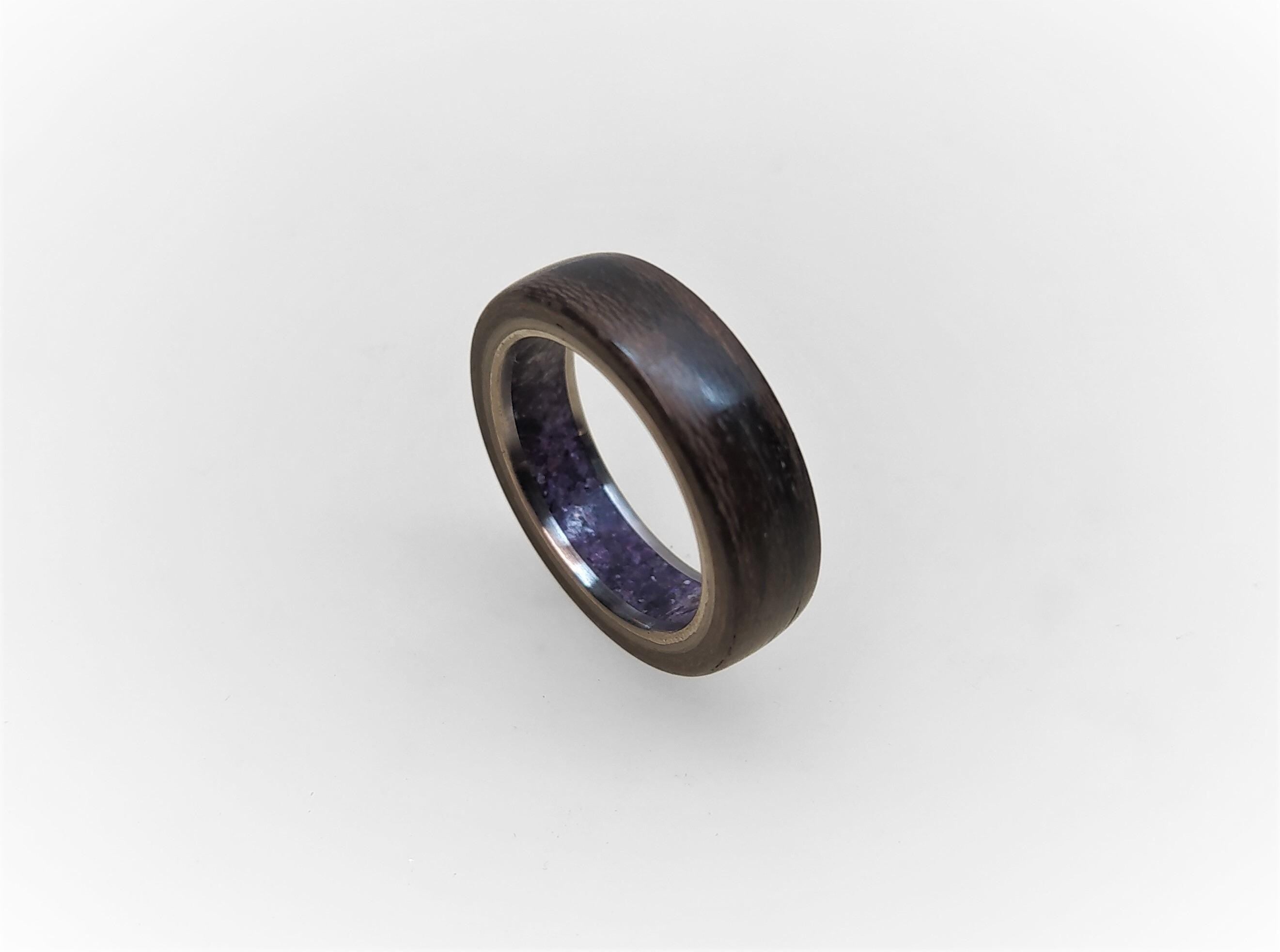 Titanium Wedding Band: Ziricote Wood & Amethyst Inlay