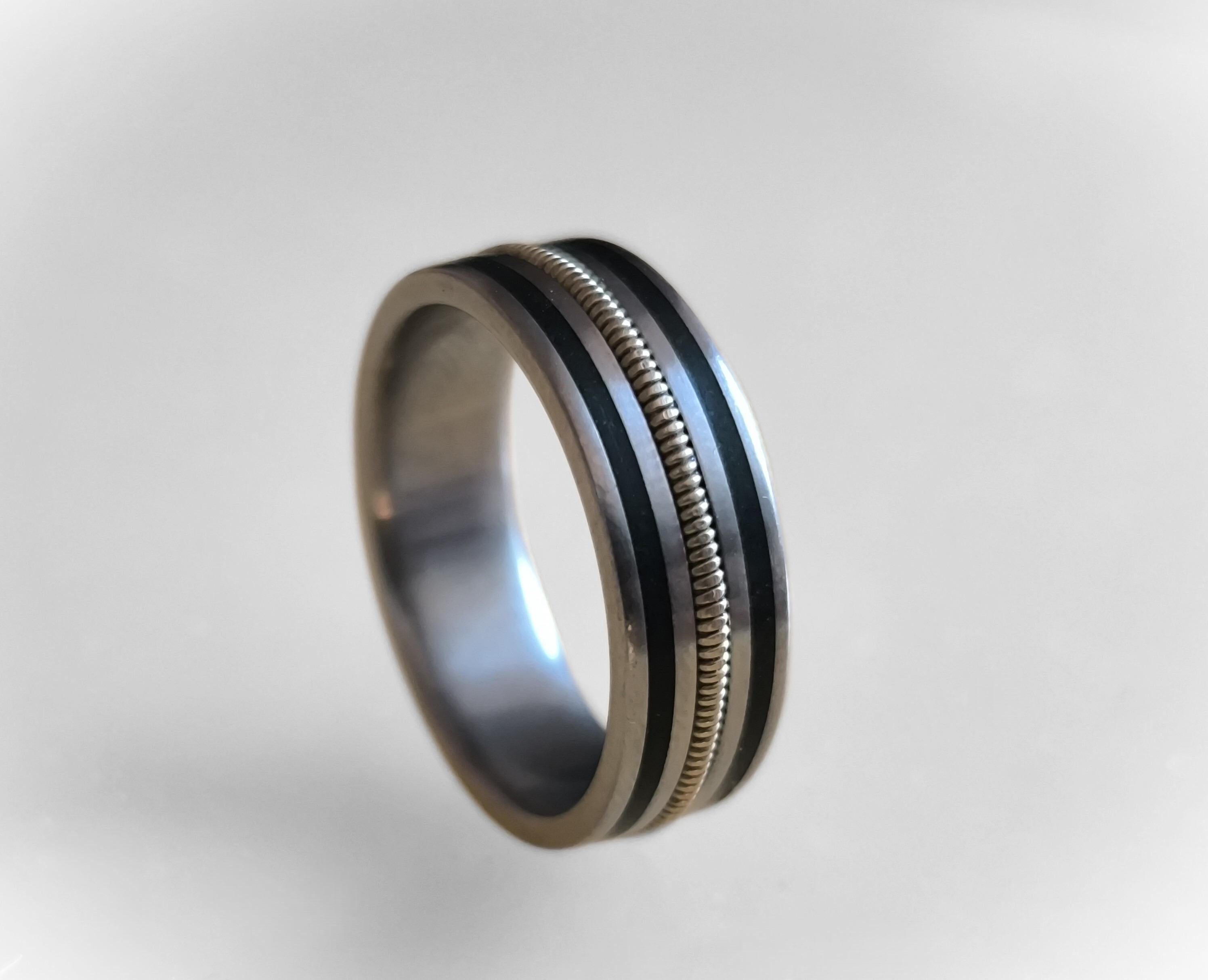 Handmade Titanium Ring: Guitar String & Ebony Wood Inlay, Musician Wedding Band
