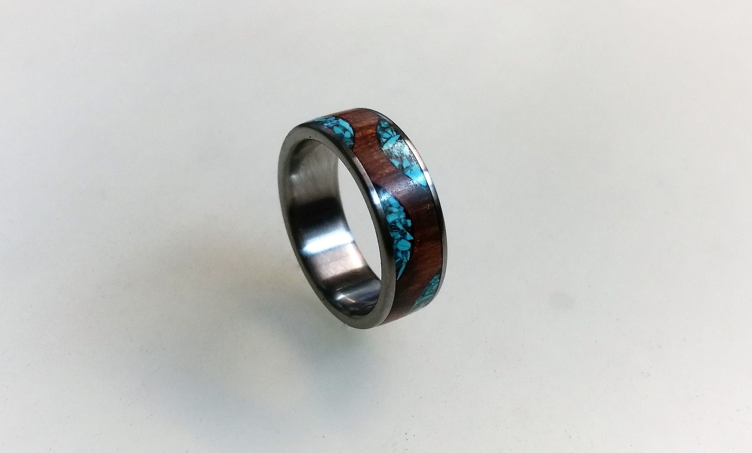 Titanium Ring: Cocobolo Wood & Turquoise Inlay Wedding Band