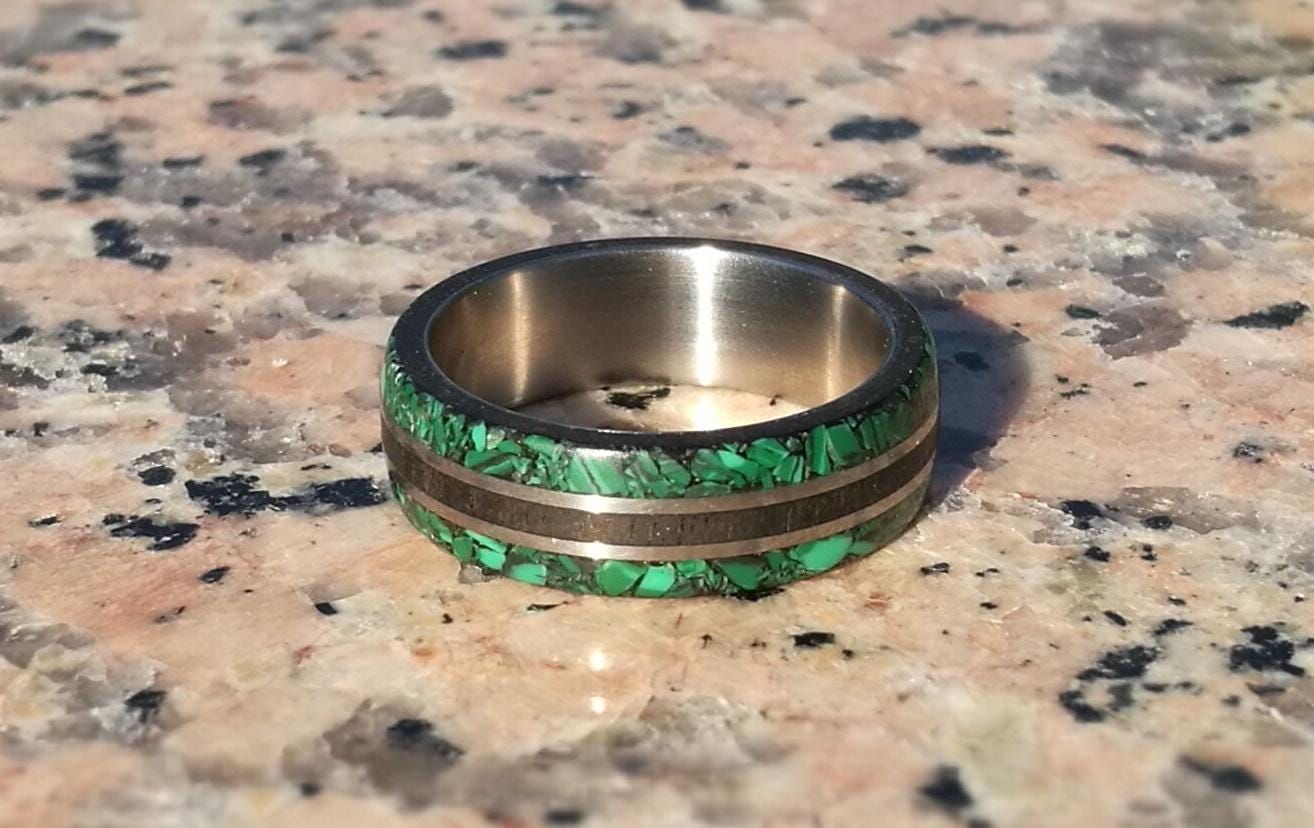 Titanium Wedding Band: Ebony Wood & Malachite Inlay