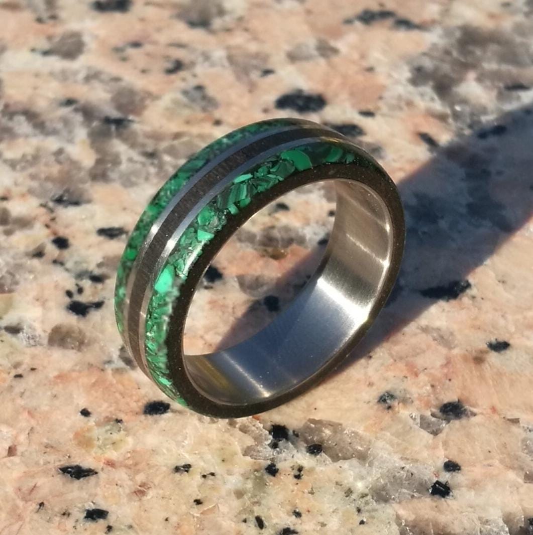 Titanium Wedding Band: Ebony Wood & Malachite Inlay