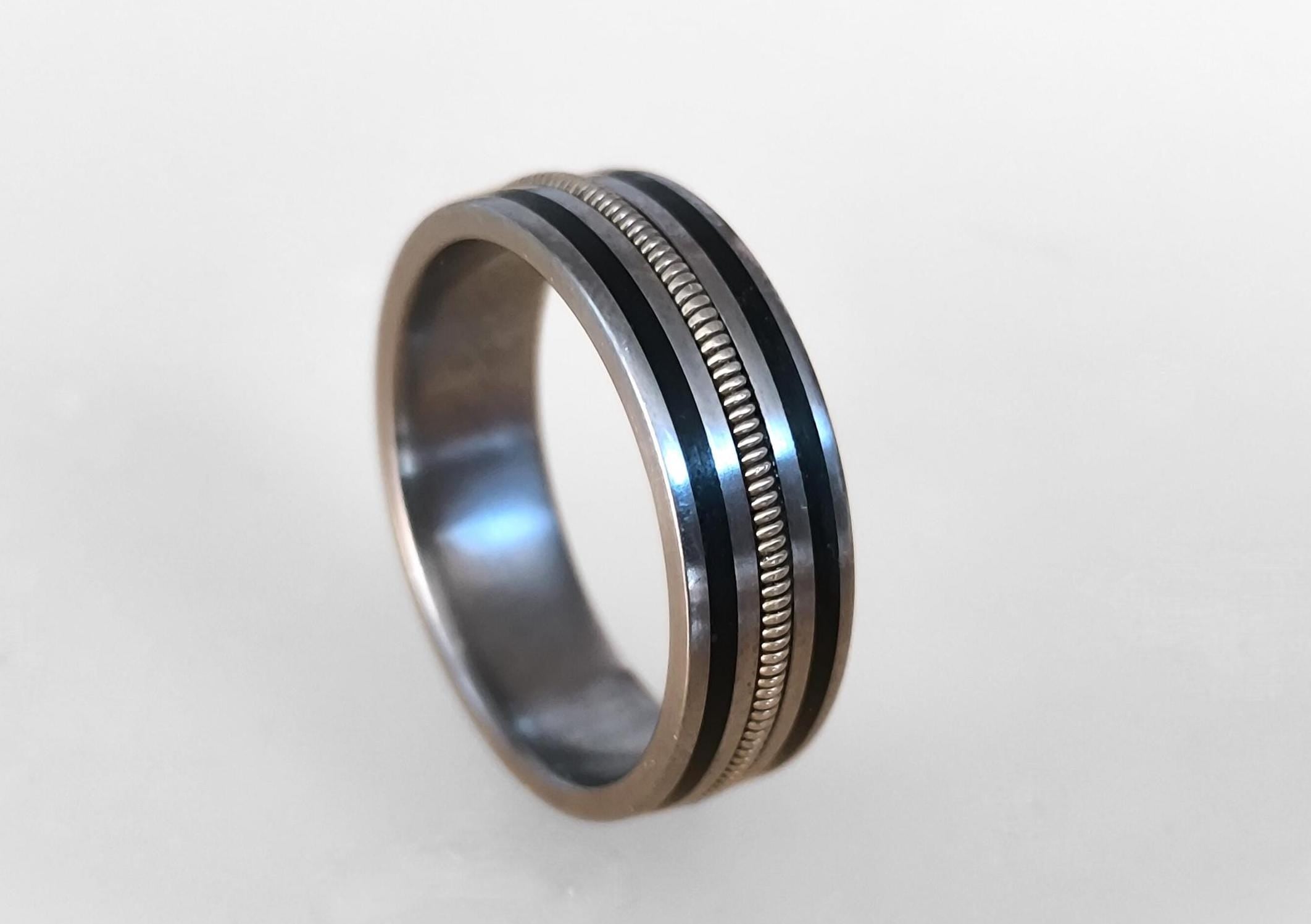 Handmade Titanium Ring: Guitar String & Ebony Wood Inlay, Musician Wedding Band