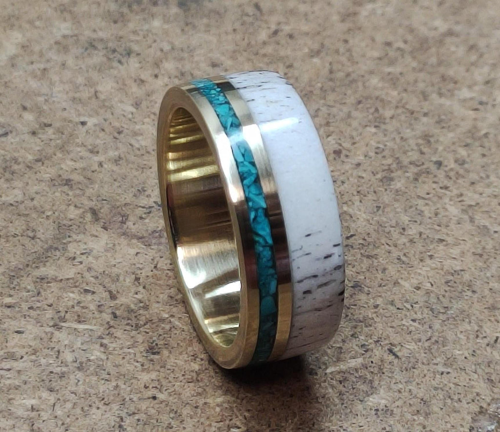 Brass Ring with Malachite and Deer Antler Inlay