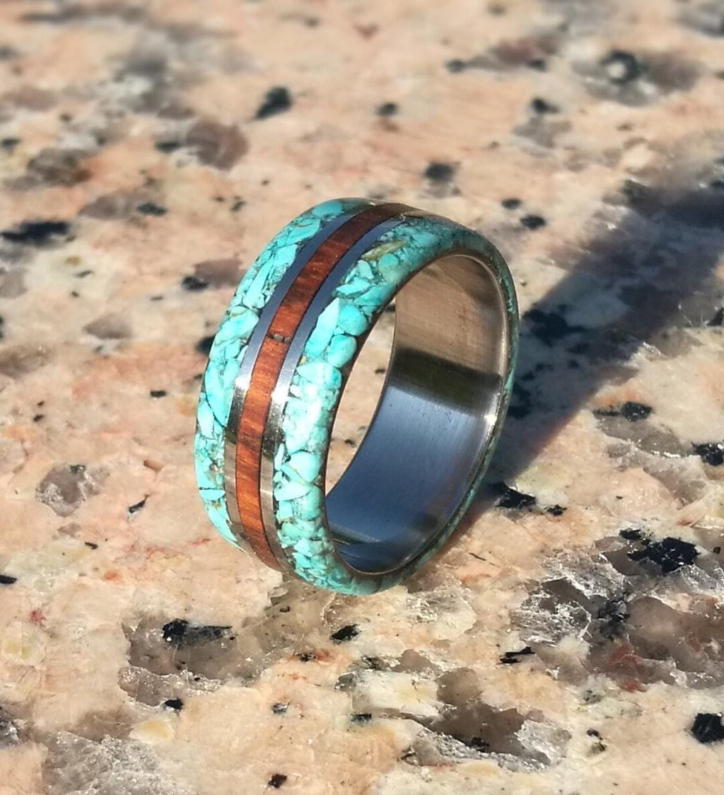 Elegant Titanium Ring: Exotic Snakewood & Turquoise Inlay