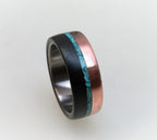 Titanium Ring, Ebony Wood Copper Turquoise Inlay, Handmade Band