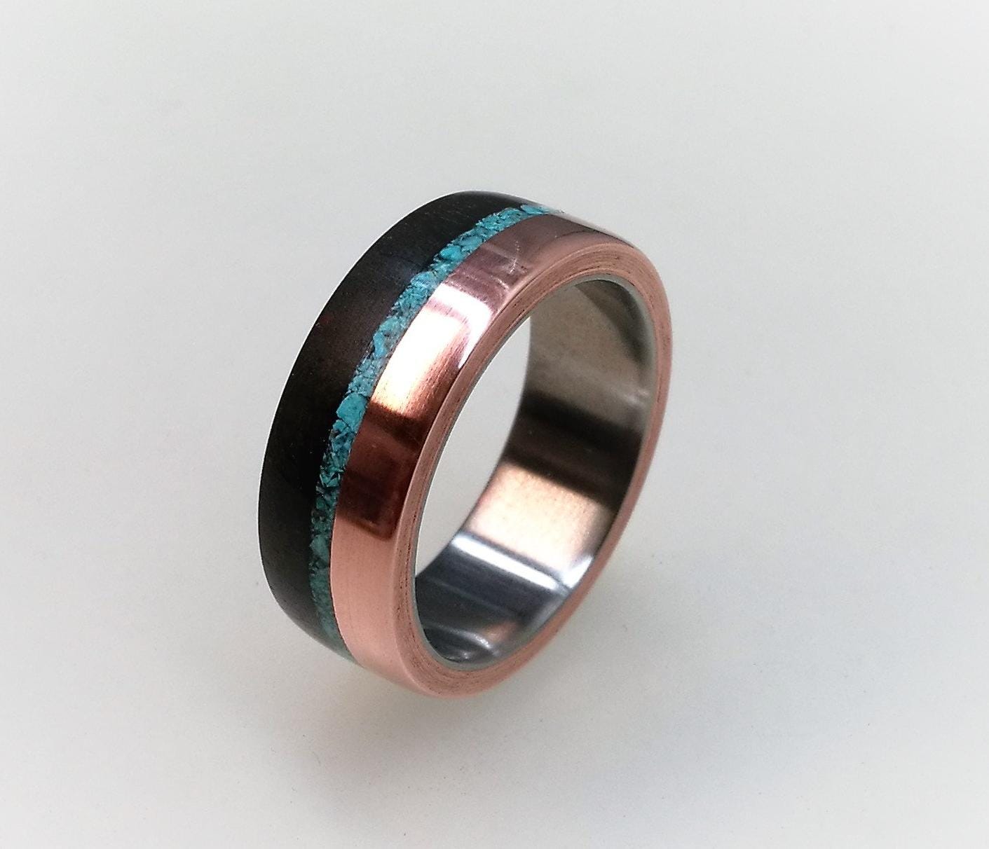 Titanium Ring, Ebony Wood Copper Turquoise Inlay, Handmade Band