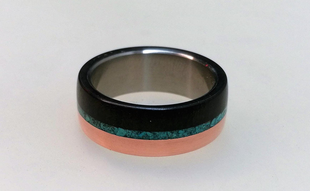 Titanium Ring, Ebony Wood Copper Turquoise Inlay, Handmade Band
