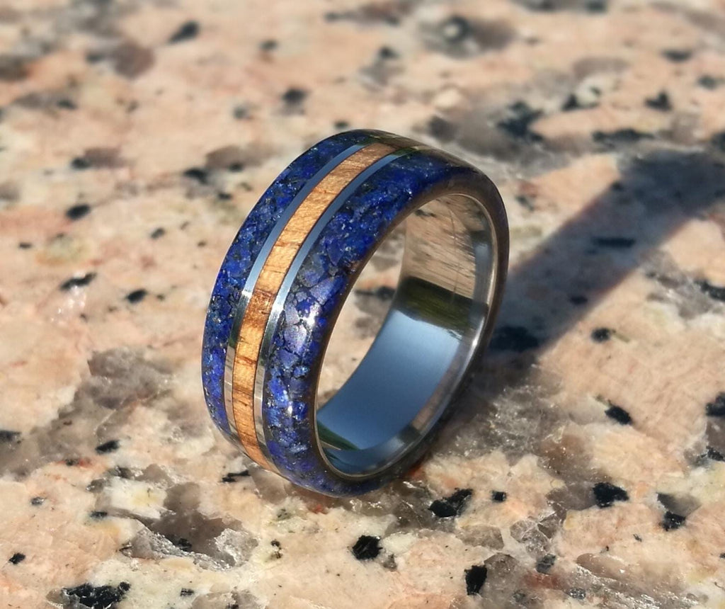 Handcrafted Titanium Ring: Zebrano Wood & Lapis Lazuli Inlay