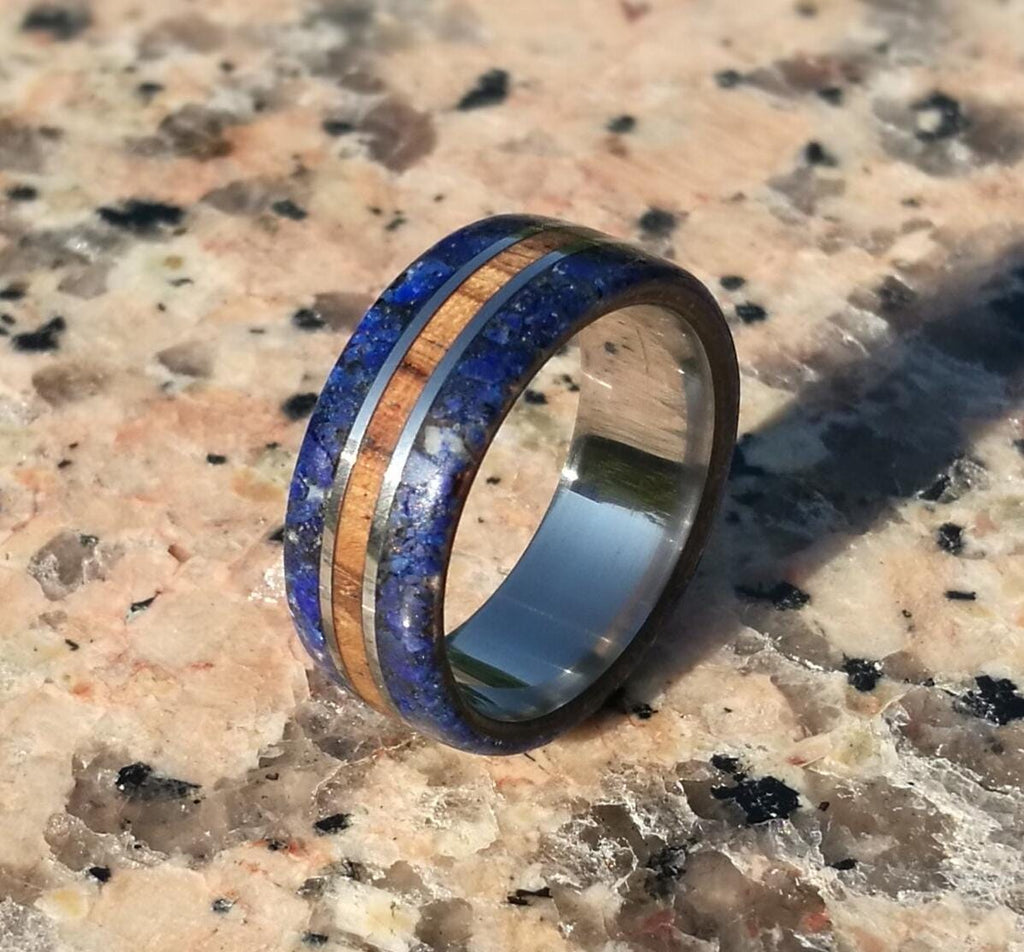 Handcrafted Titanium Ring: Zebrano Wood & Lapis Lazuli Inlay