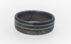 Handmade Damascus Steel Ring with Titanium & Turquoise Inlay