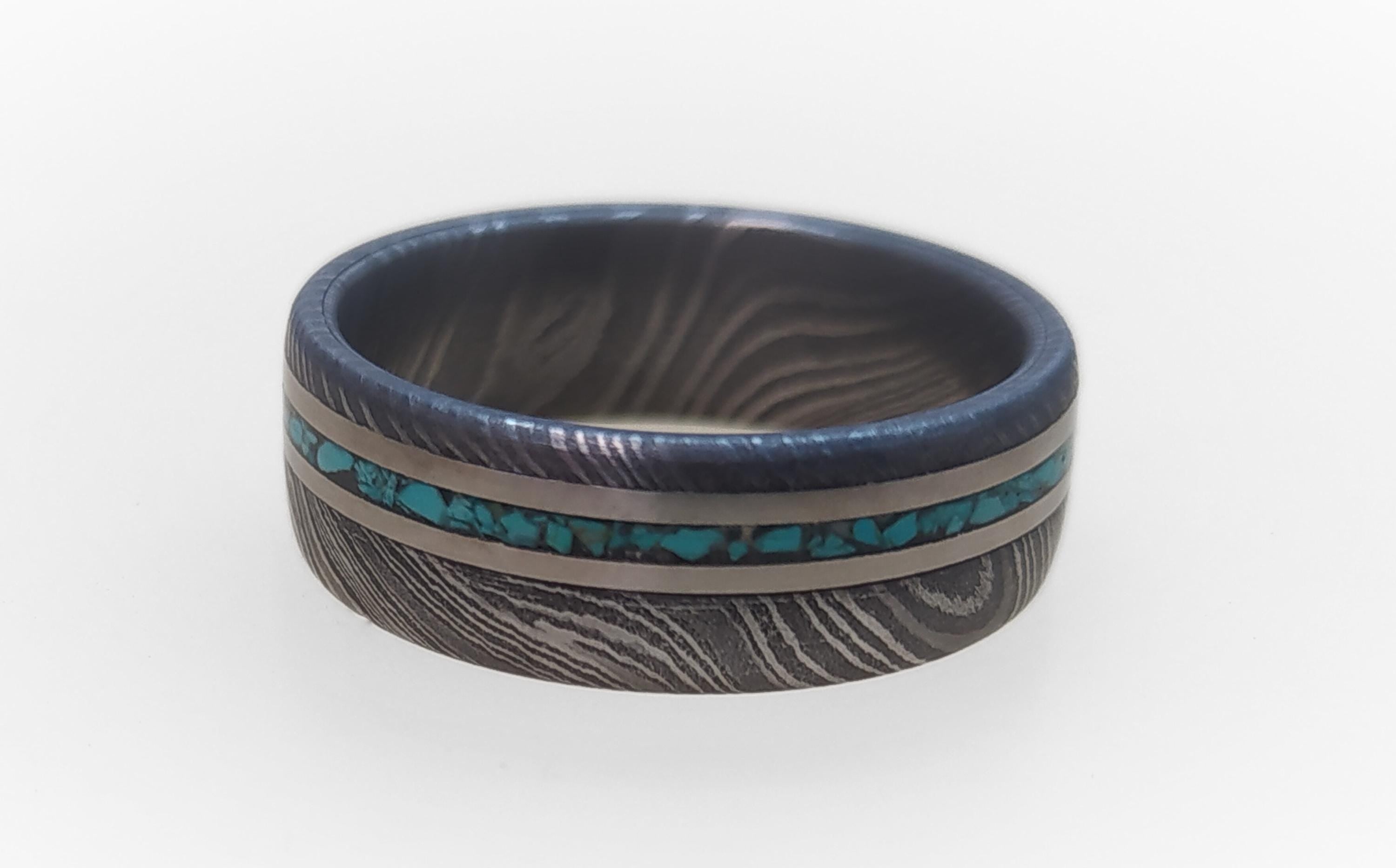 Handmade Damascus Steel Ring with Titanium & Turquoise Inlay