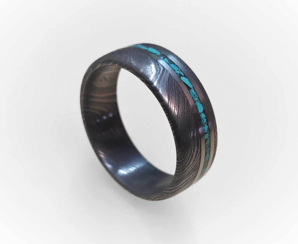 Handmade Damascus Steel Ring with Titanium & Turquoise Inlay