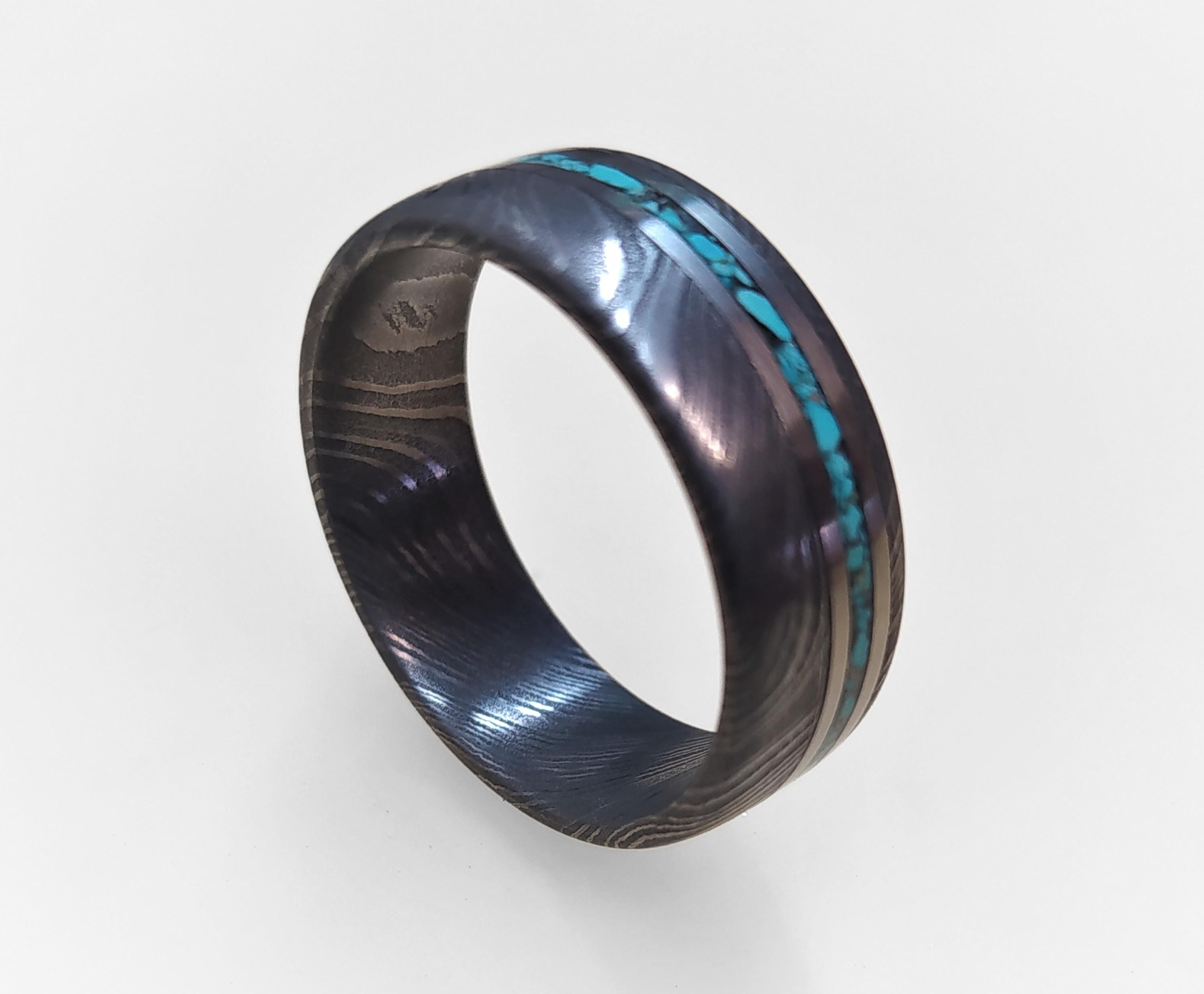 Handmade Damascus Steel Ring with Titanium & Turquoise Inlay