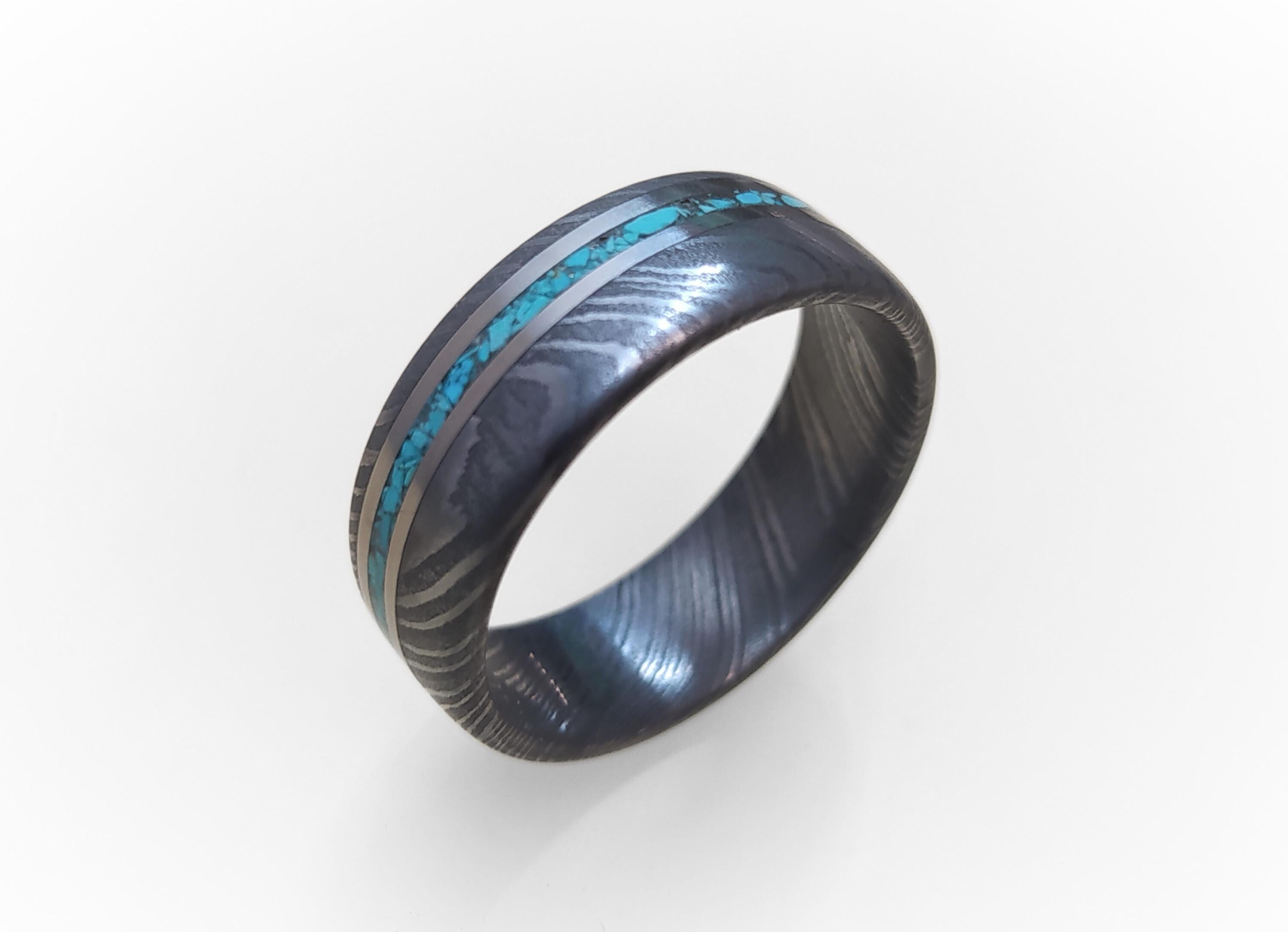 Handmade Damascus Steel Ring with Titanium & Turquoise Inlay