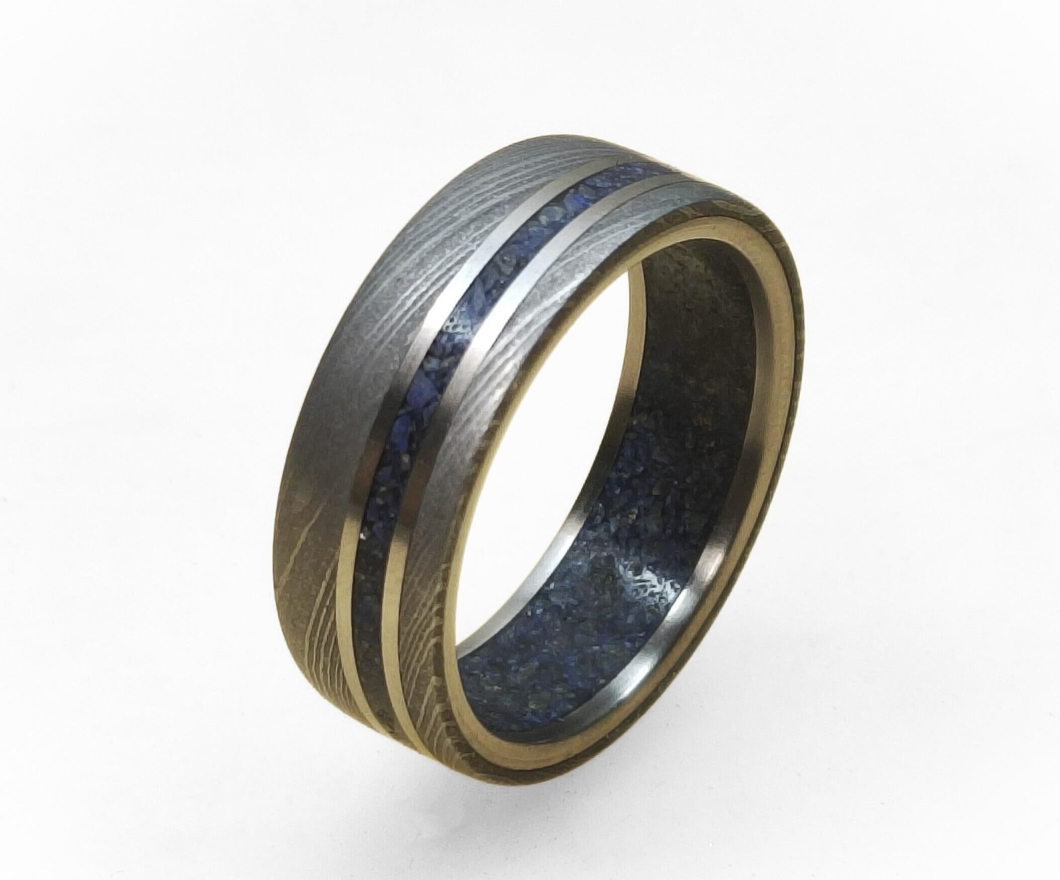 Damascus Steel Wedding Band: Titanium & Lapis Lazuli Inlay, Mens Ring