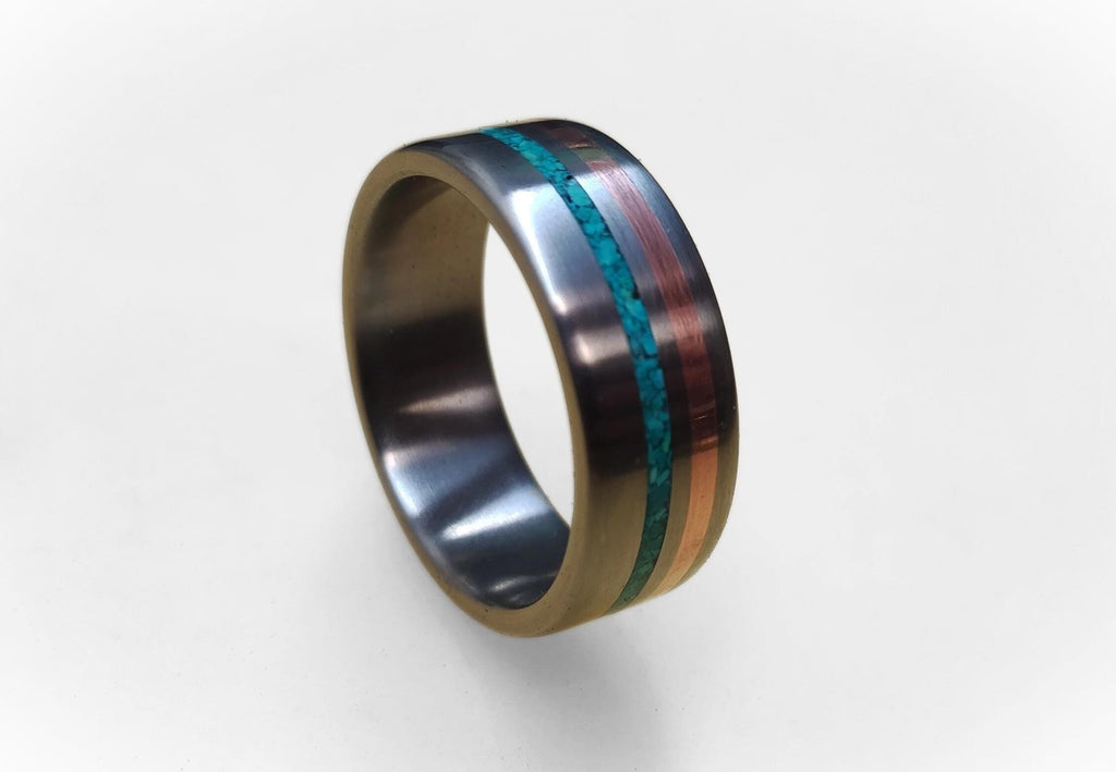 Men's Titanium Ring: Copper & Turquoise Inlay, Unique Wedding Band