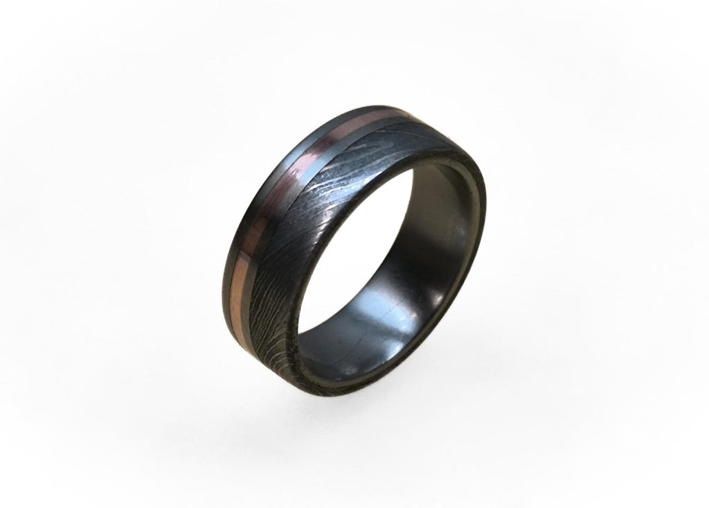 Damascus Steel Wedding Band: Titanium Ring with Copper Inlay