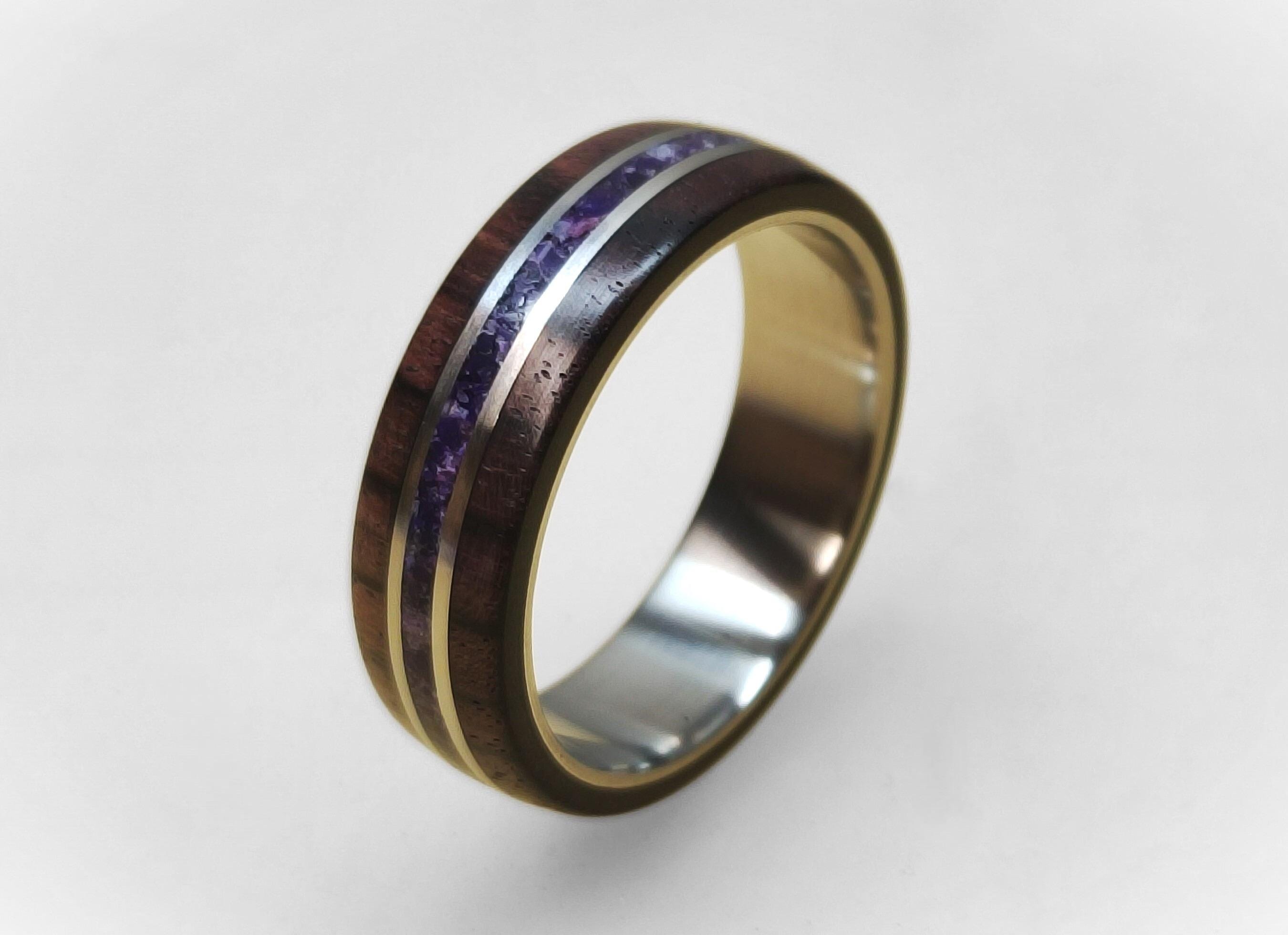 Titanium Ring: King Wood & Amethyst Inlay, Handmade Band