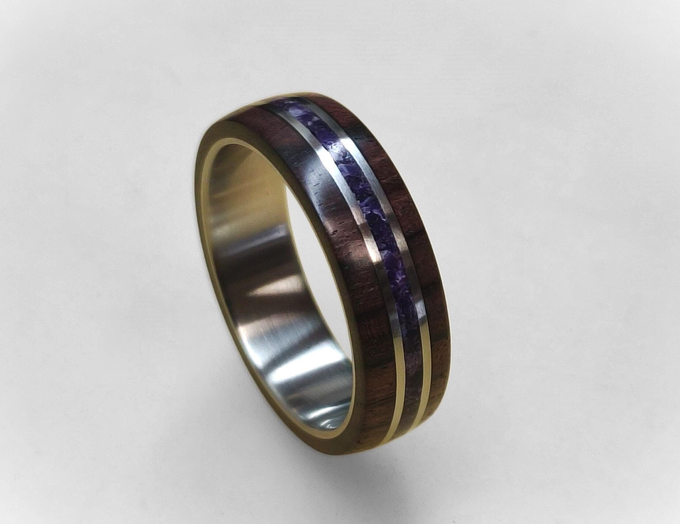 Titanium Ring: King Wood & Amethyst Inlay, Handmade Band