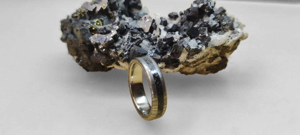 Damascus Steel Wedding Band, Titanium Ring with Galenit Inlay