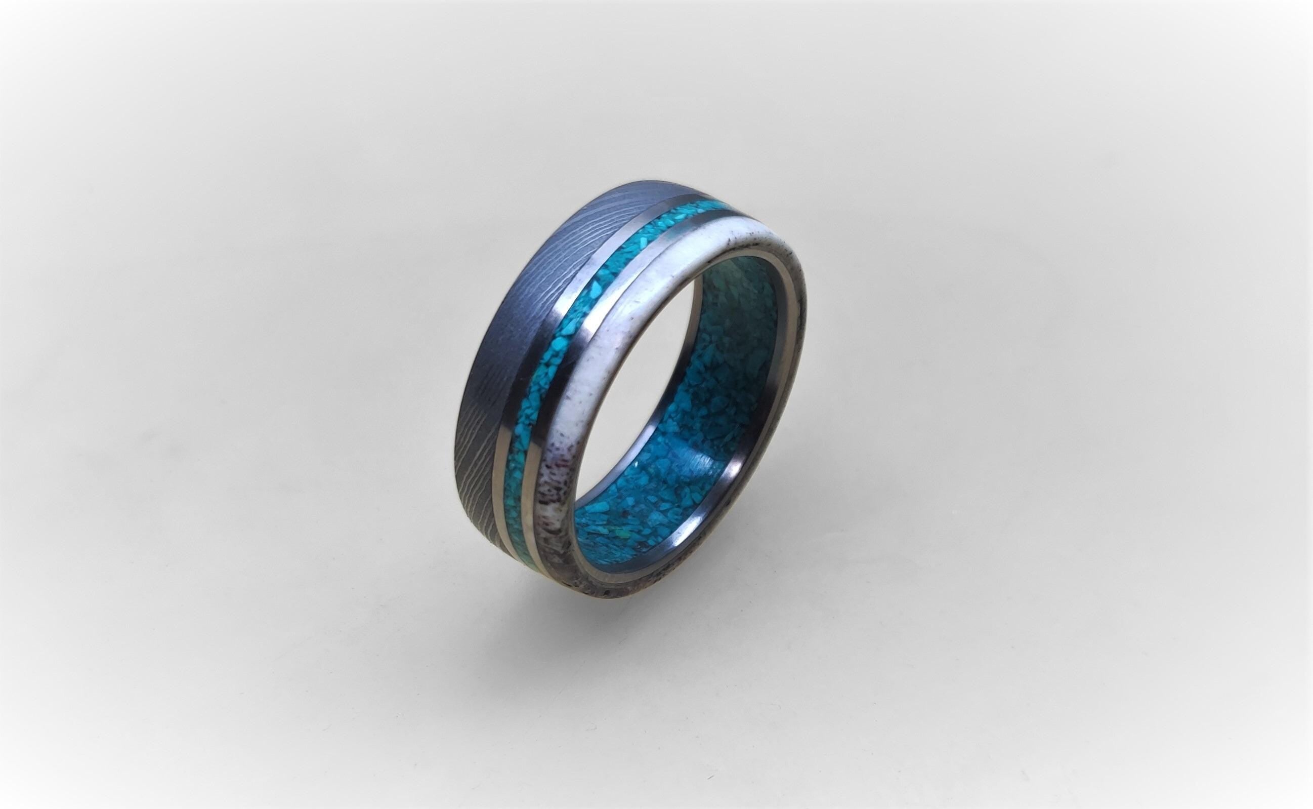 Damascus Steel Wedding Band: Titanium Ring with Turquoise and Antler Inlay