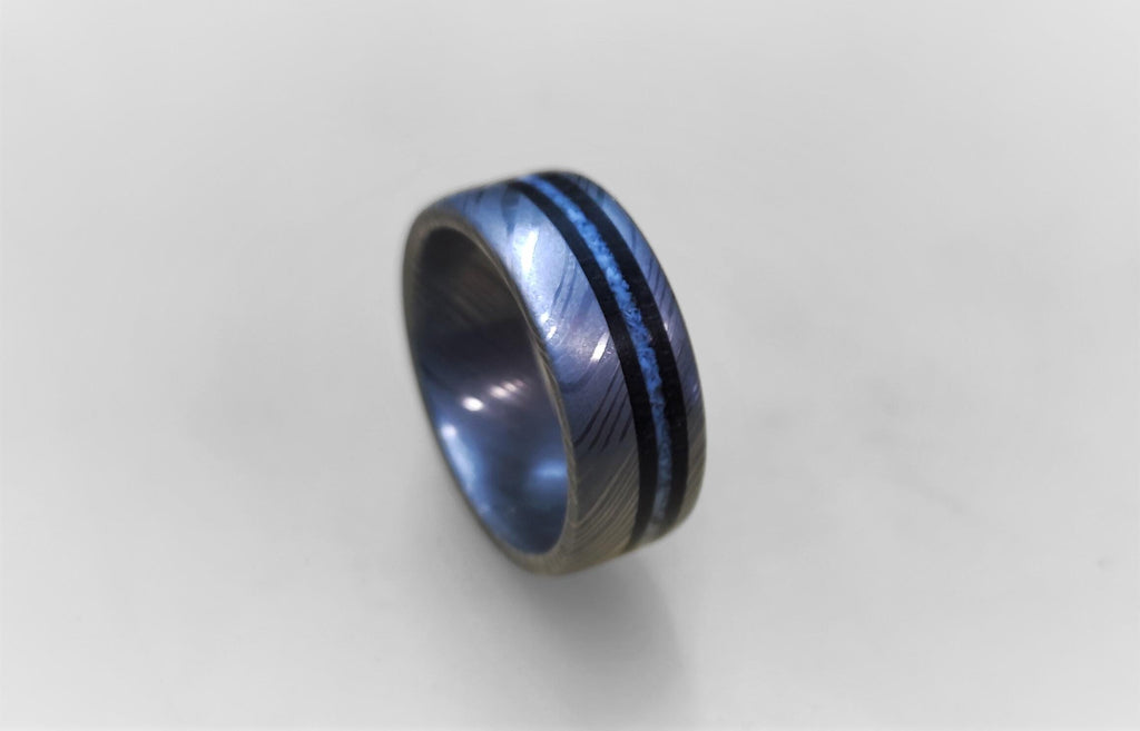 Damascus Wedding Band: Blue Opal & Ebony Wood Inlay, Handmade