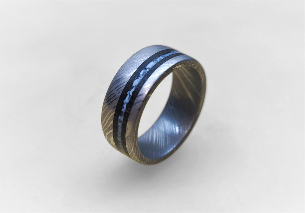 Damascus Wedding Band: Blue Opal & Ebony Wood Inlay, Handmade