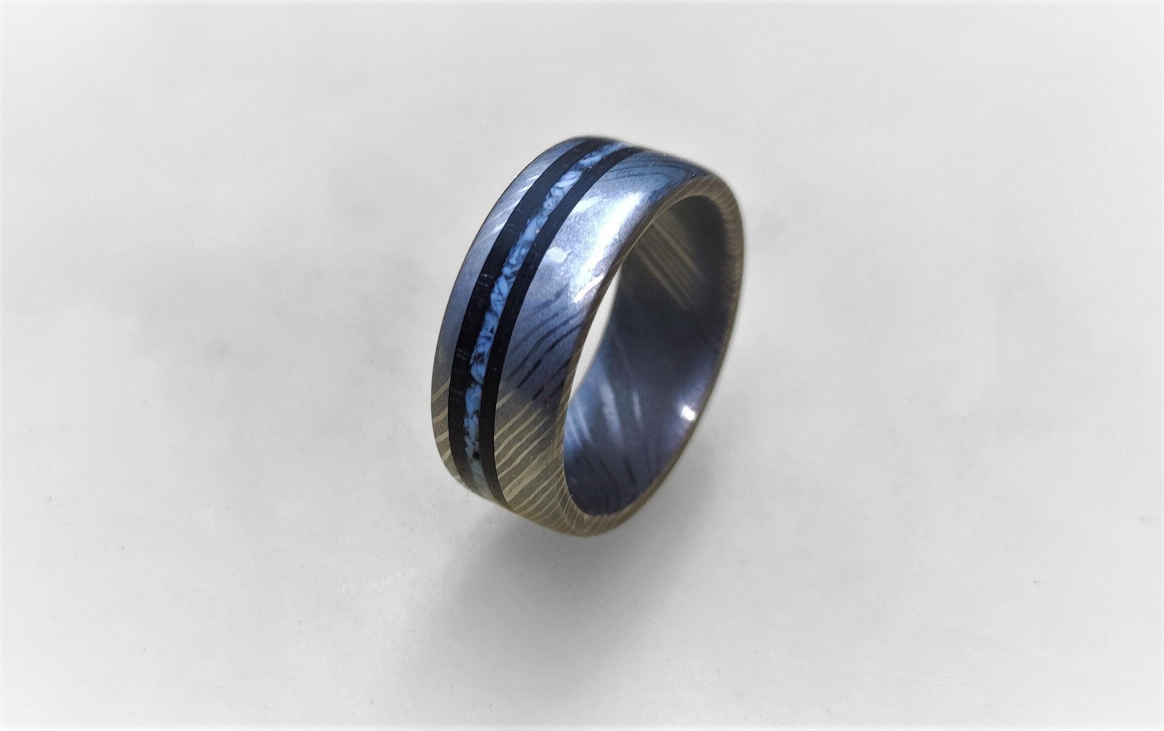 Damascus Wedding Band: Blue Opal & Ebony Wood Inlay, Handmade