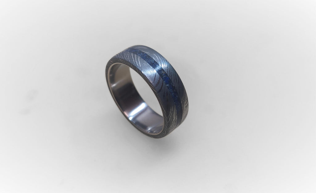 Damascus Wedding Band: Titanium Ring with Lapis Lazuli Inlay