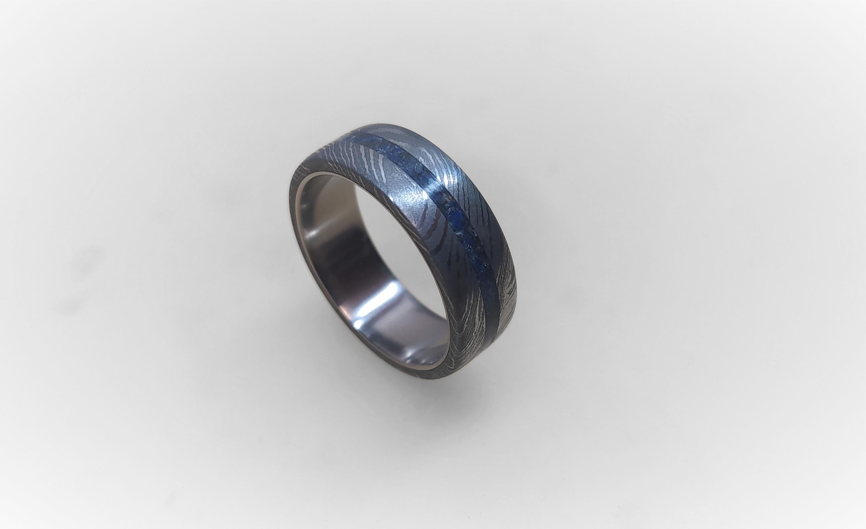 Damascus Wedding Band: Titanium Ring with Lapis Lazuli Inlay