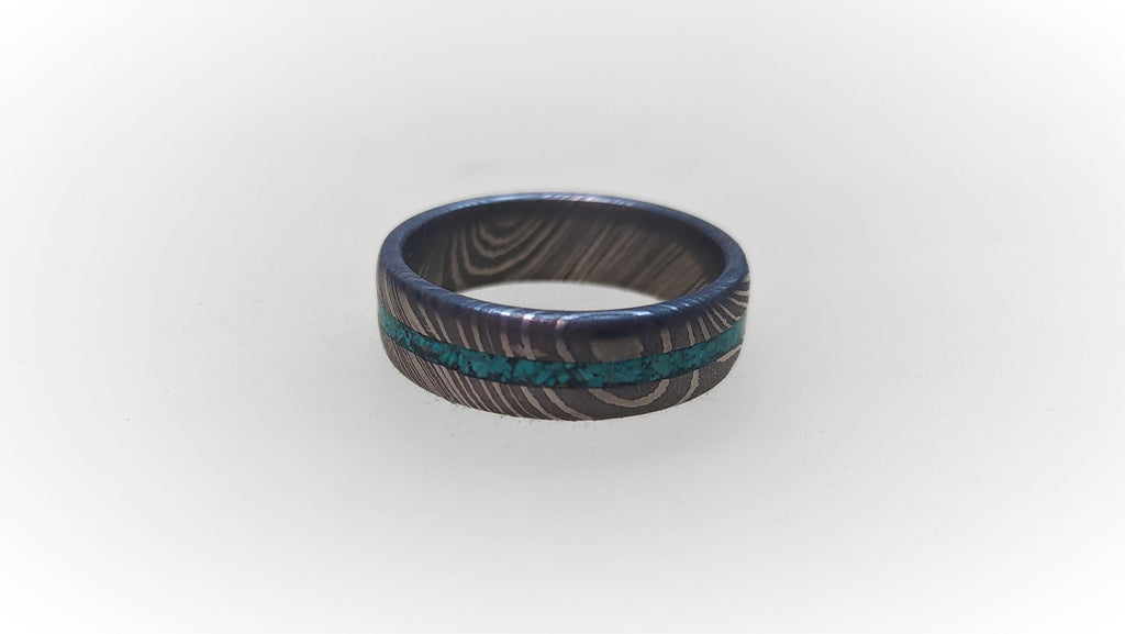 Damascus Steel Wedding Band: Turquoise Inlay Ring, Handmade