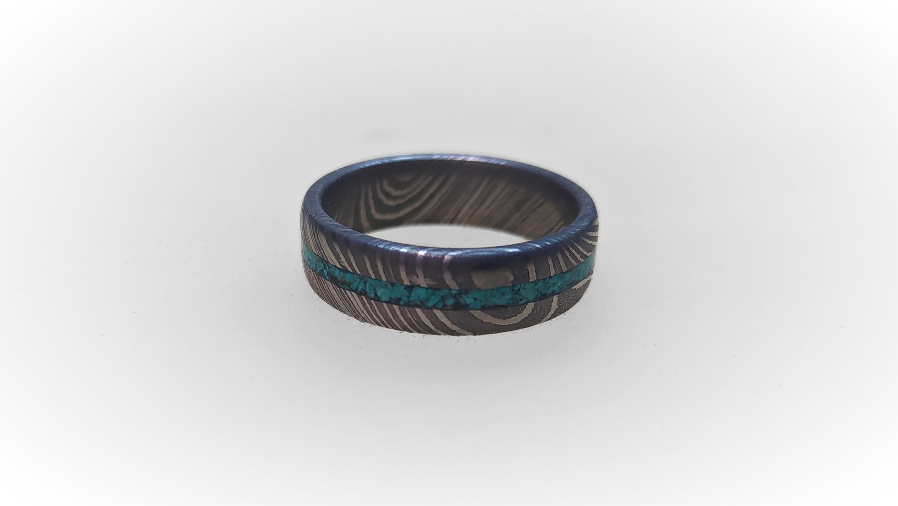 Damascus Steel Wedding Band: Turquoise Inlay Ring, Handmade