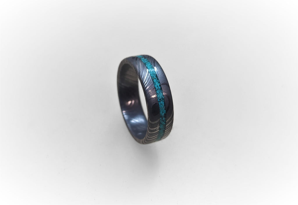 Damascus Steel Wedding Band: Turquoise Inlay Ring, Handmade