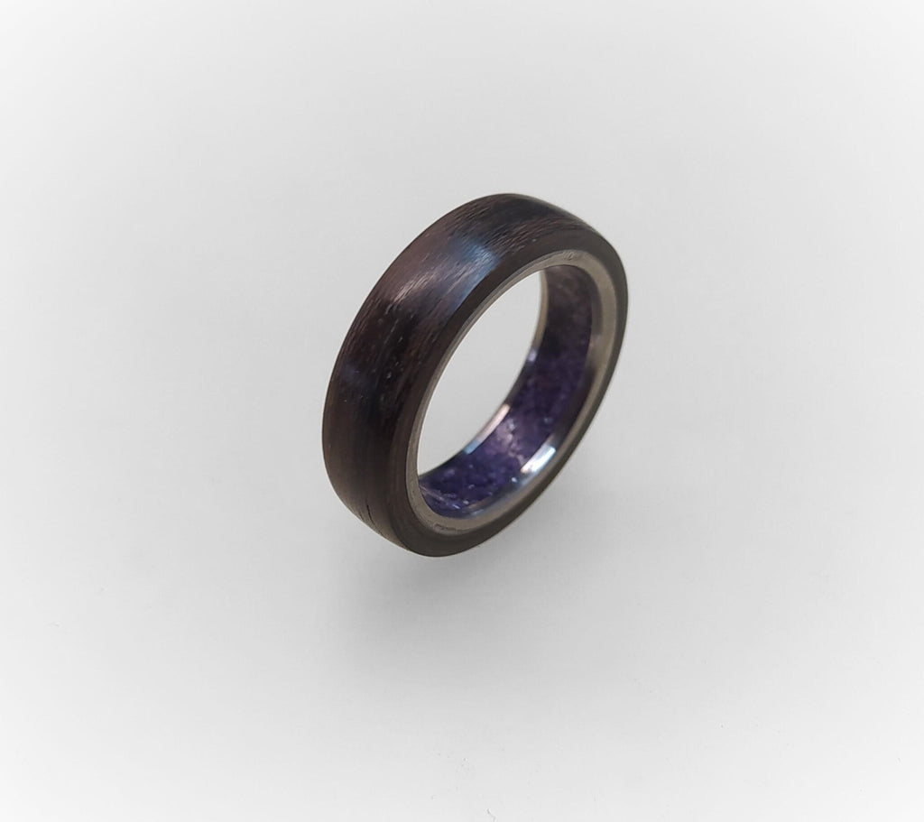 Titanium Wedding Band: Ziricote Wood & Amethyst Inlay
