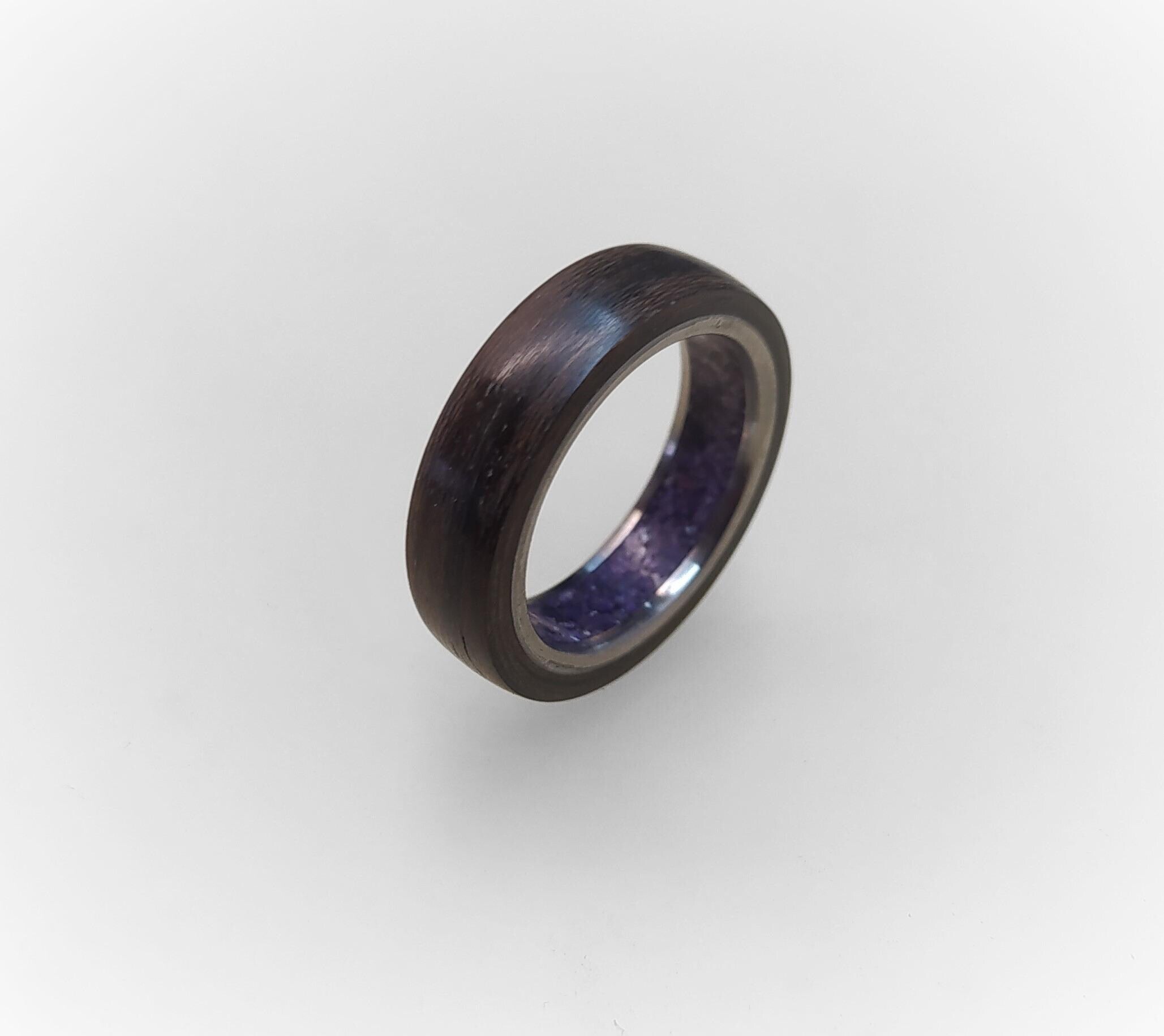 Titanium Wedding Band: Ziricote Wood & Amethyst Inlay