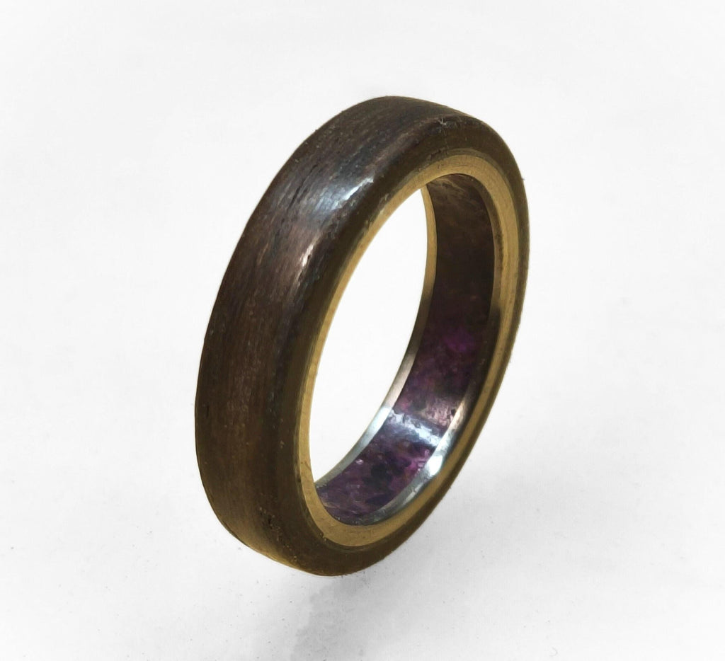 Titanium Wedding Band: Ziricote Wood & Amethyst Inlay