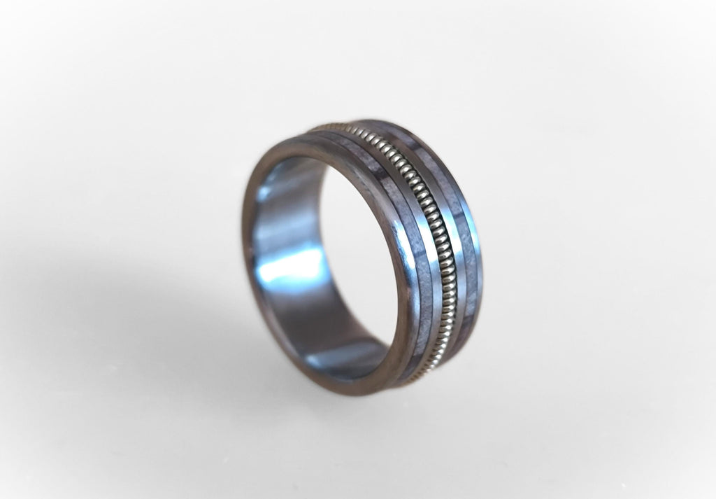 Handmade Titanium Ring with Guitar String and Olive Wood - Music Lover's Gift - Wedding Ring