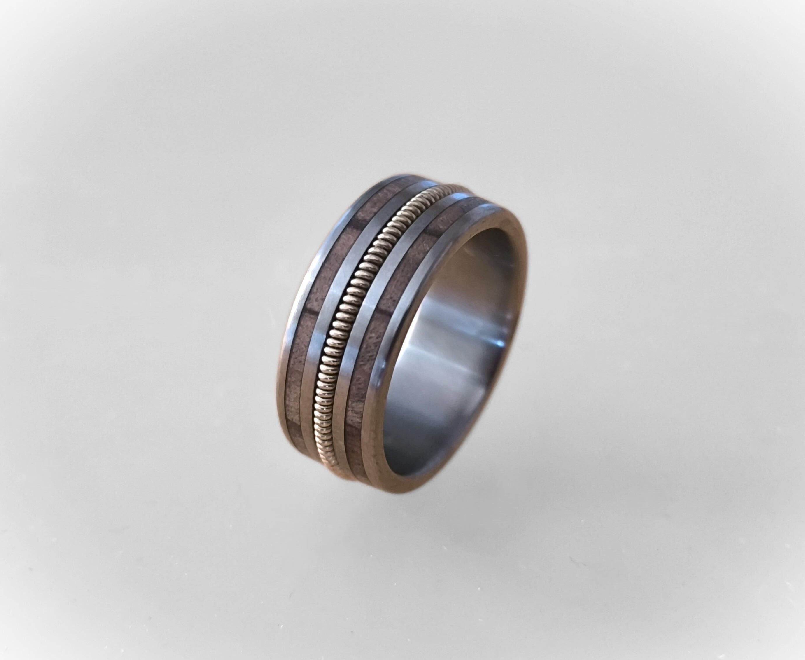 Handmade Titanium Ring with Guitar String and Olive Wood - Music Lover's Gift - Wedding Ring