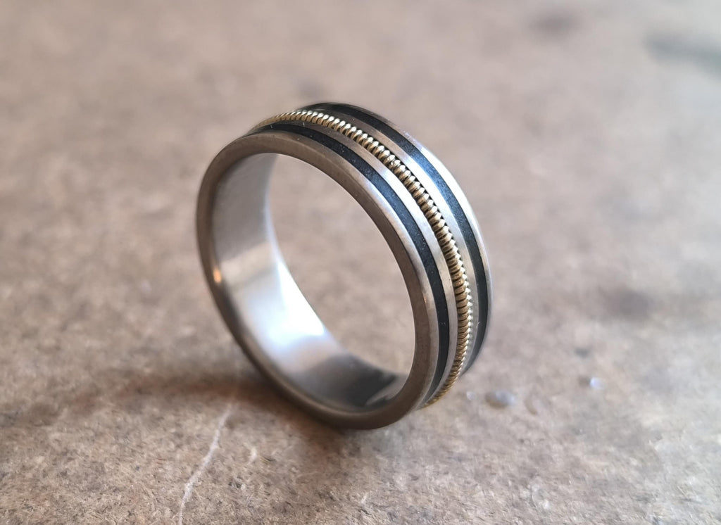 Handmade Titanium Ring: Guitar String & Ebony Wood Inlay, Musician Wedding Band