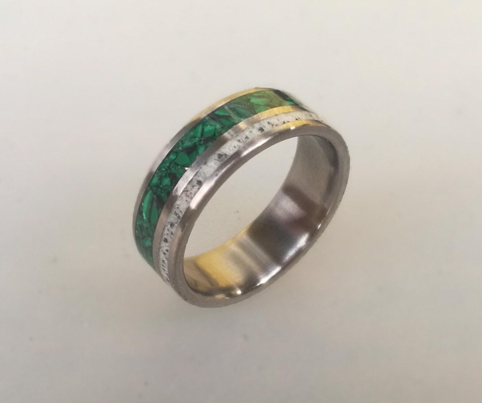 Titanium Wedding Ring: Green Malachite & Deer Antler Inlay