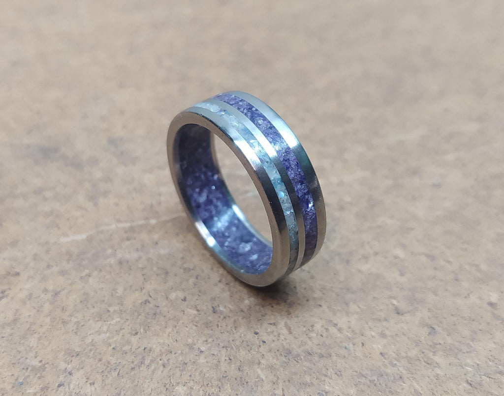 Titanium Wedding Band: Amethyst & Deer Antler Inlay, Unisex Promise Ring